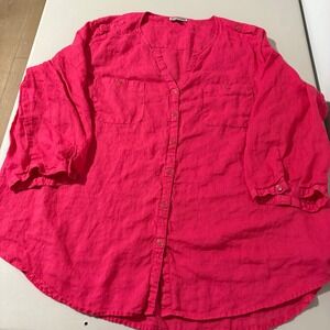 JM‎ Collection Woman 24W Pink 100% Linen 3/4 Sleeve Button Down Shirt Top